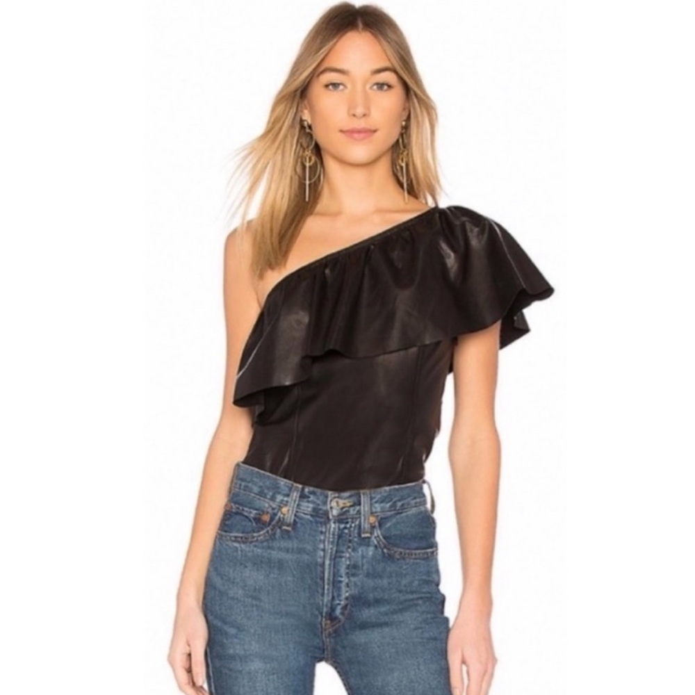 ALC Davos Leather One Shoulder Top in Black- Size 0.